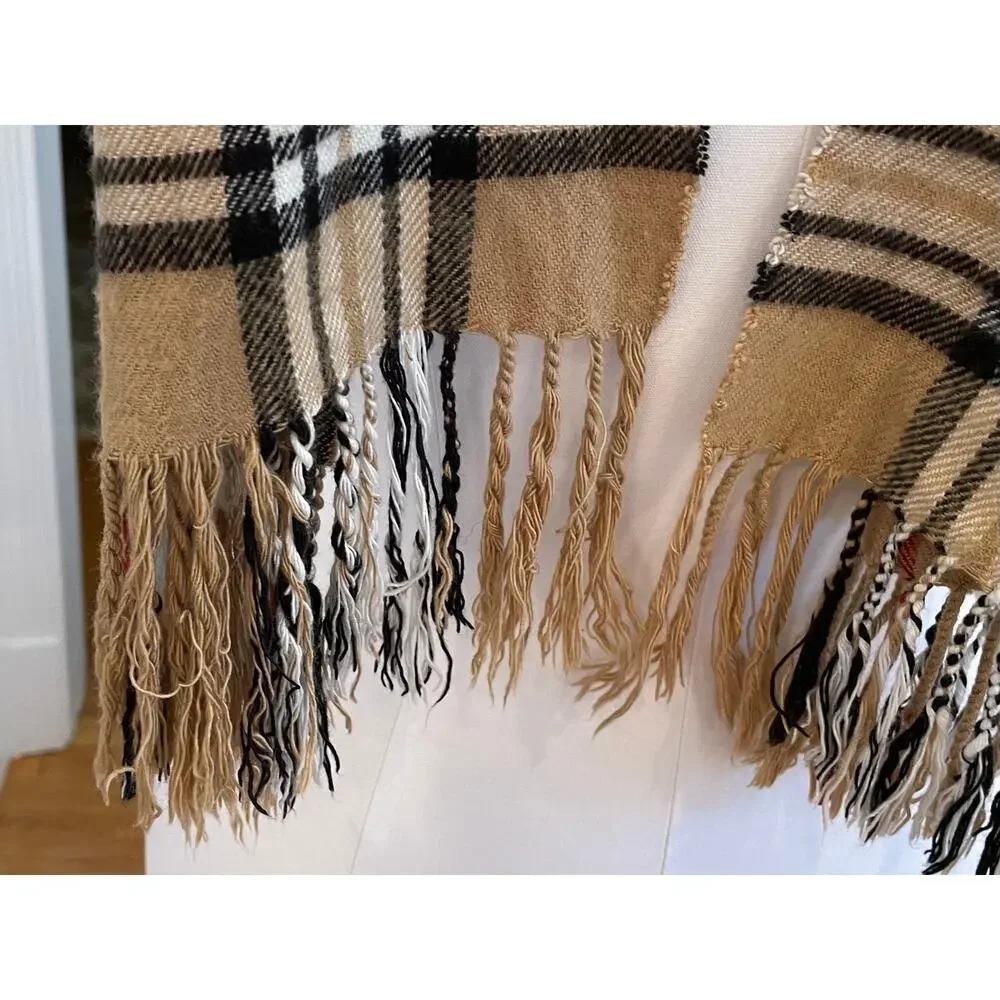Cashmere Scarf, Tan Plaid Nova Check, Fringe, Made in Scotland, Unisex, 12 x 68